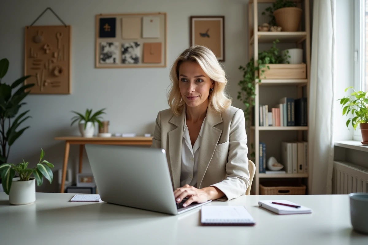 Femme recherchant une plateforme de devis travaux en ligne depuis son bureau à domicile pour un projet de rénovation