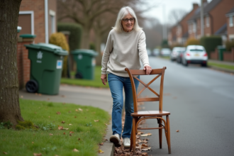 Femme en jeans liftant une chaise en bois dans un quartier