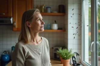 Femme pensant à la fenêtre avec des mouches sur le verre