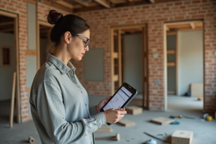 Femme consultant le site gospi.fr sur une tablette dans une cuisine en cours de rénovation avec murs en briques apparentes