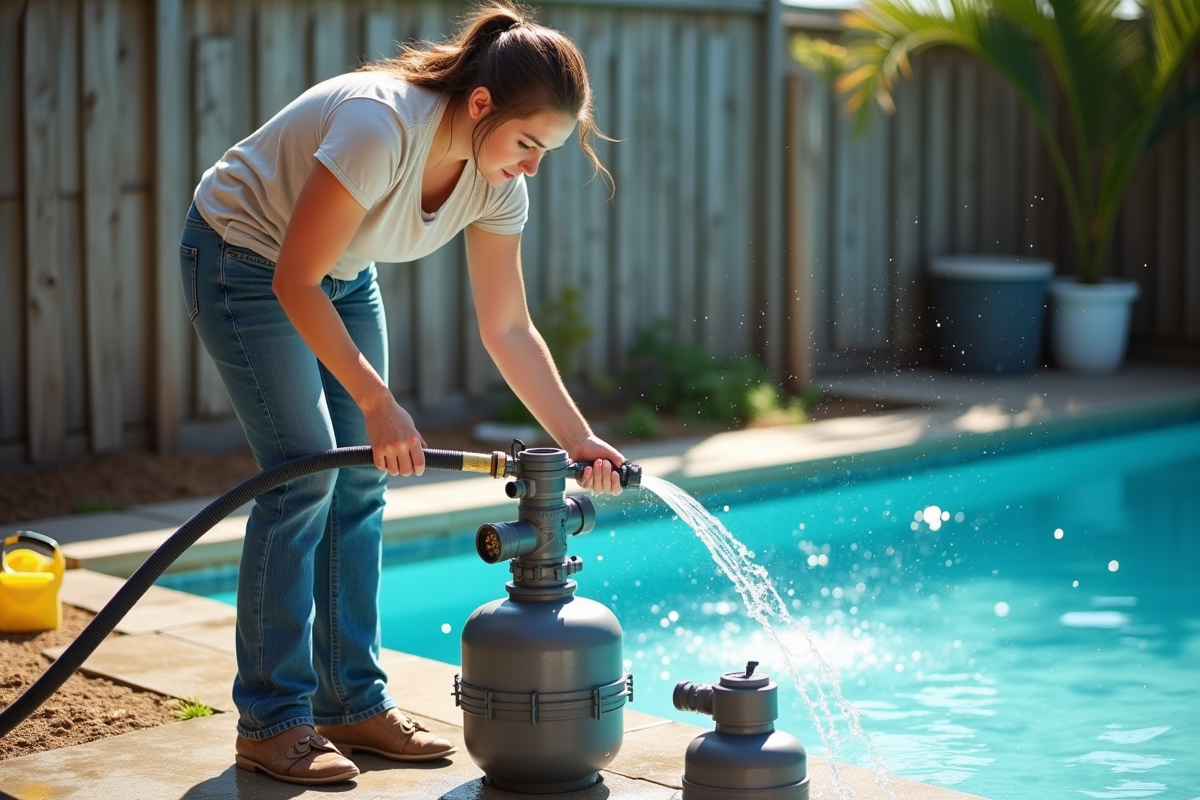 Femme rinçant un filtre de piscine dans le jardin