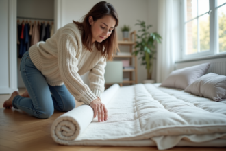 Femme en jeans roulant un matelas dans une chambre moderne