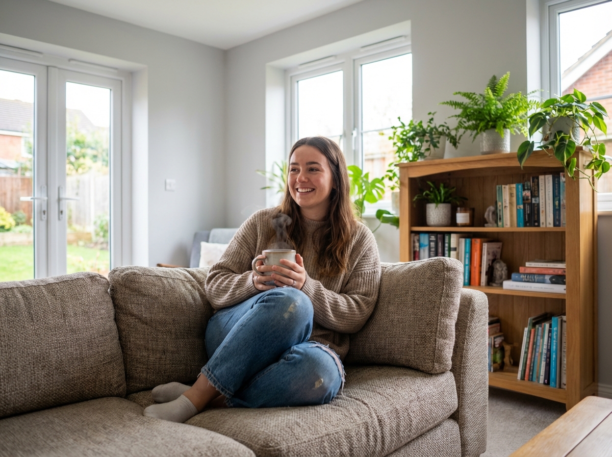 Jeune femme souriante dans un salon isolé et confortable