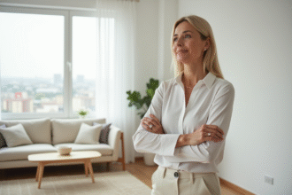 Femme d'âge moyen dans un salon blanc épuré et lumineux