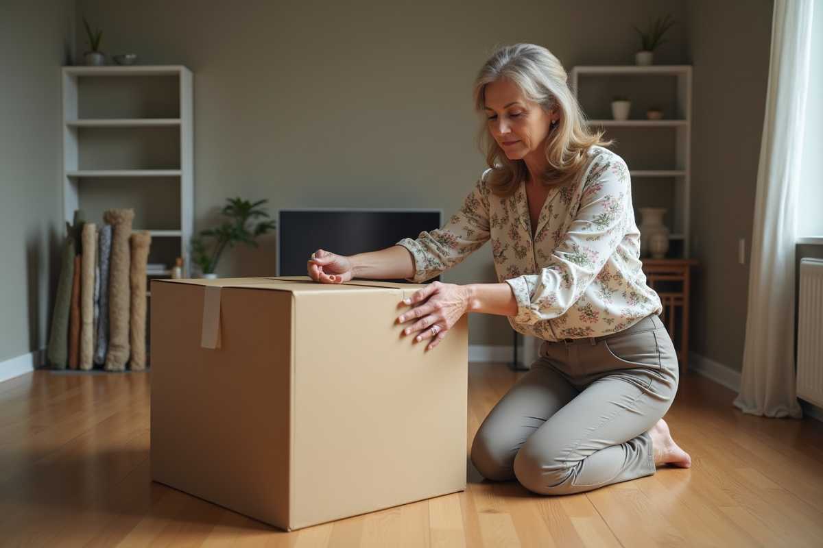 Femme scellant un carton dans un salon vide
