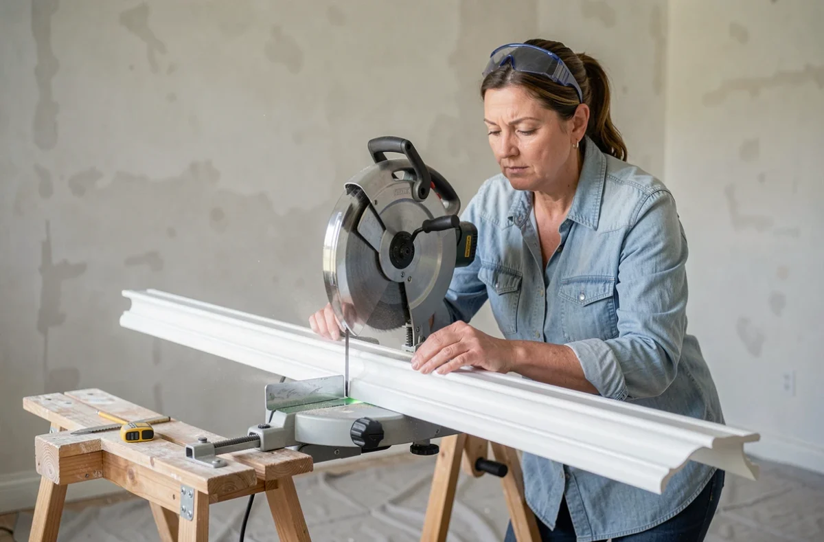 Femme utilisant une scie à onglets électrique pour couper une corniche blanche lors d'un chantier de rénovation intérieure