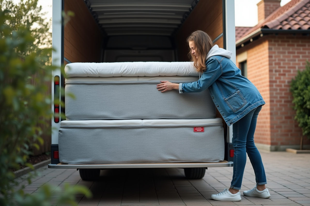 Jeune femme fixant un sommier dans une camionnette de déménagement
