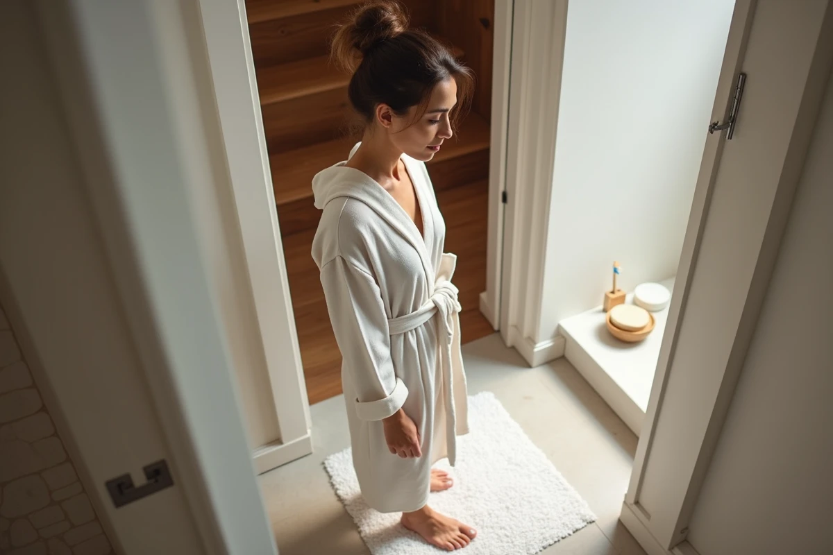 Femme en robe de lin debout sur un tapis en diatomite dans une salle de bain moderne aux accents naturels