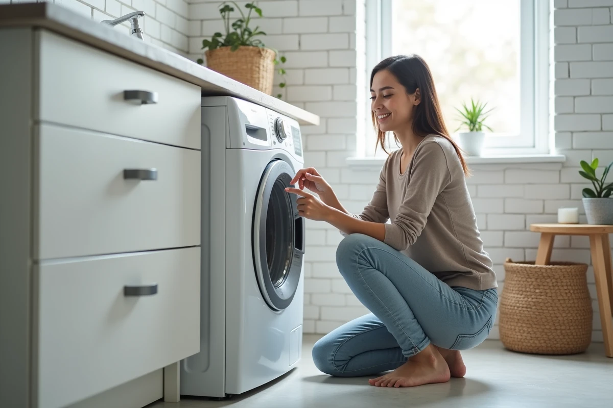Femme examinant le panneau de commande d'un lave-linge Valberg lors d'un test après deux ans d'utilisation