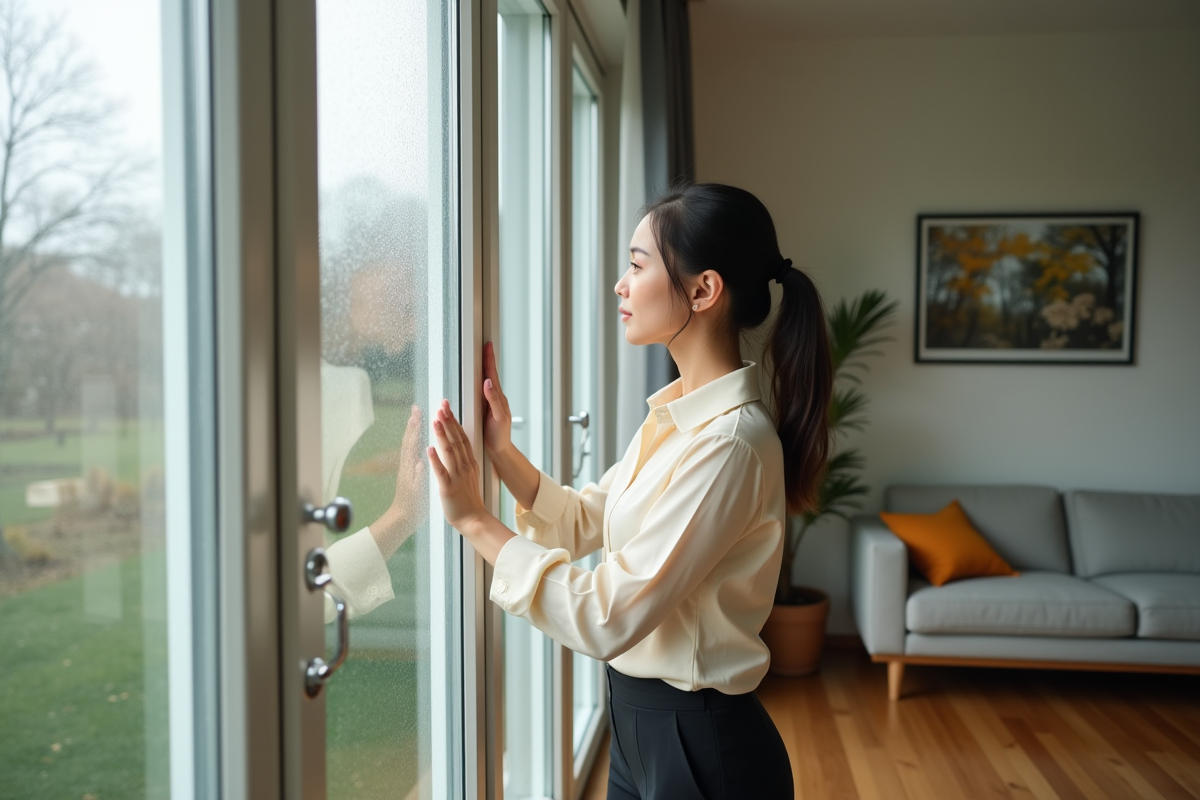 Jeune femme examinant la condensation sur une grande fenêtre