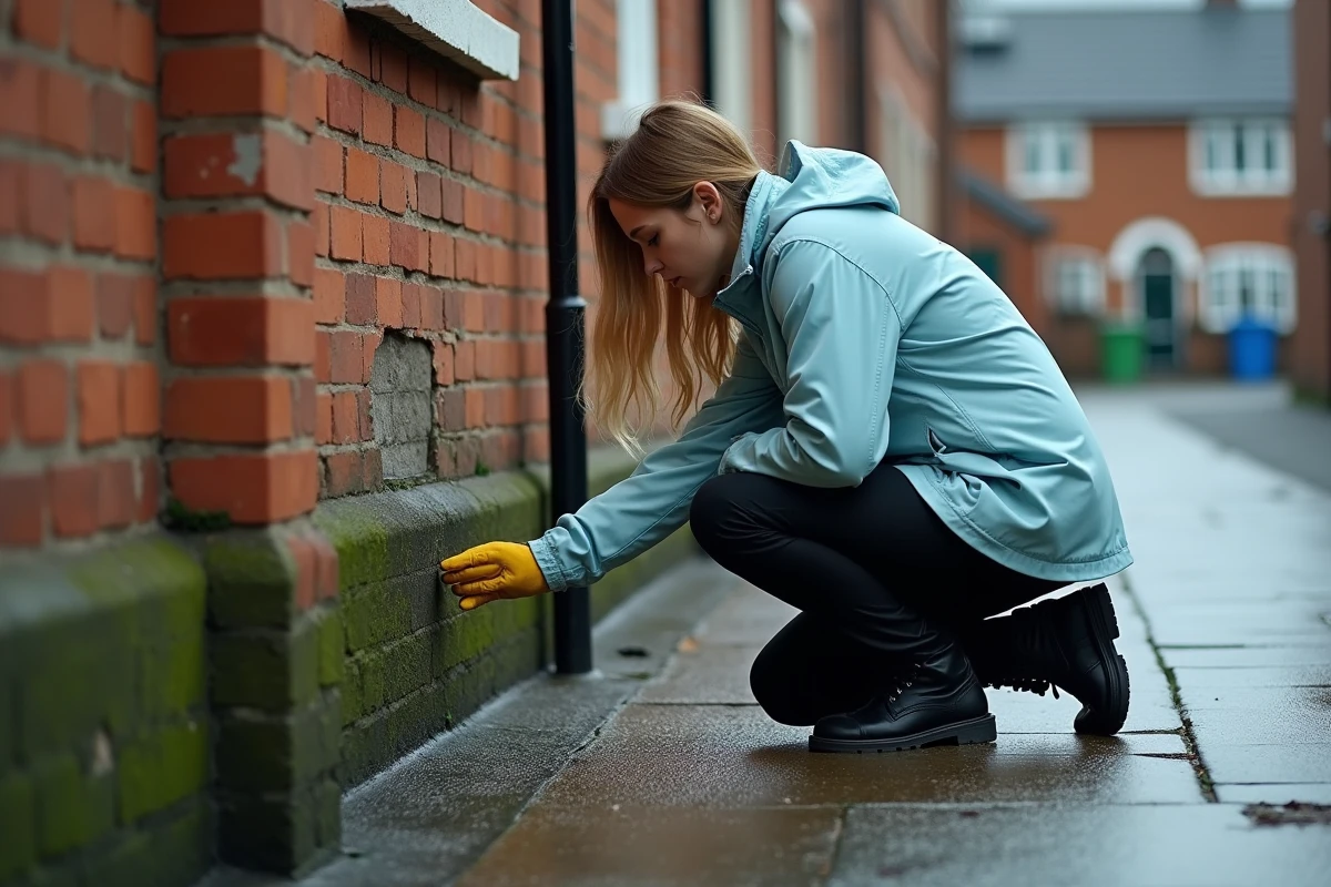 Jeune femme inspectant une façade humide extérieure