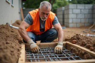 Ouvrier posant des armatures en acier dans un coffrage de fondation de mur de clôture