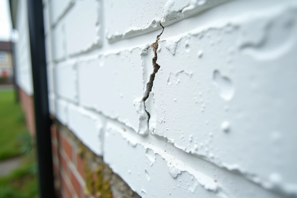Détail d'une fissure traitée et peinte sur un mur extérieur en parpaing pour une finition durable anti-fissures