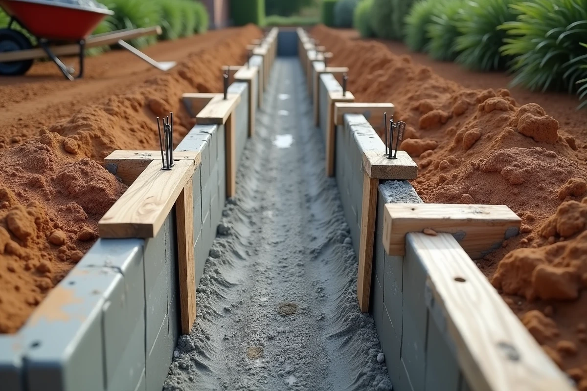 Fondation de mur de clôture en béton armé coulé dans un coffrage bois avec armatures visibles