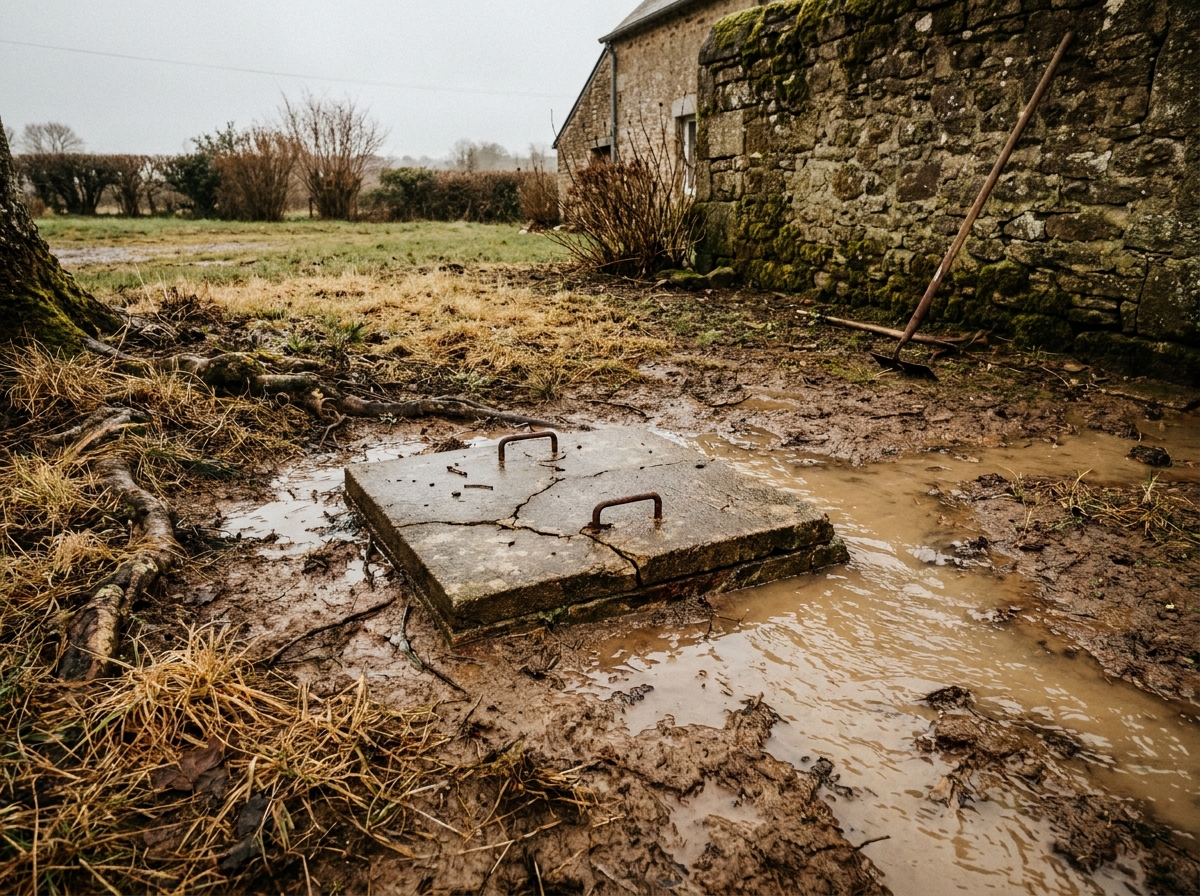 Gros plan d'une fosse septique débordante avec eau boueuse s'écoulant dans le sol d'un jardin rural français