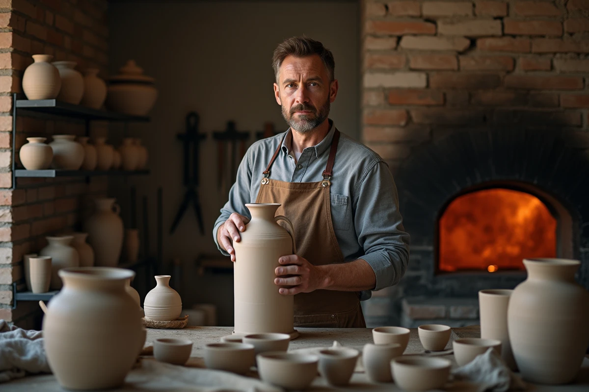 Artisan potier chargeant un four à céramique dans l'arrière-atelier de la poterie Beck à Soufflenheim