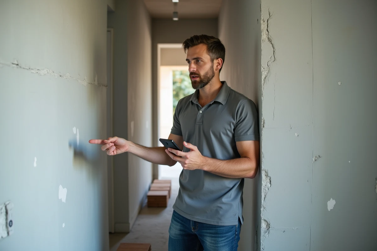 Homme coordonnant des travaux de rénovation dans un couloir en chantier avec application mobile de gestion d'artisans