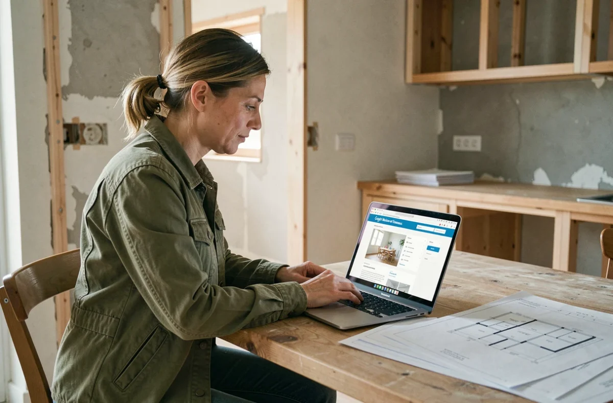 Femme consultant la plateforme Gospi fr Maison et Travaux sur un ordinateur portable avec des plans de rénovation sur la table