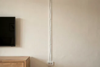 Goulotte blanche installée verticalement sur un mur de salon pour dissimuler les câbles d'une télévision murale avec prise intégrée
