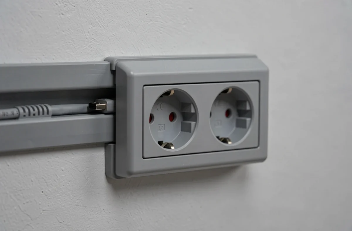 Gros plan d'une goulotte avec prise électrique intégrée fixée sur un mur gris pour une installation TV discrète et propre
