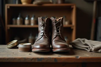 Bottes en cuir usées posées sur un établi en bois avec un pot de graisse pour chaussures en cuir ouvert à côté
