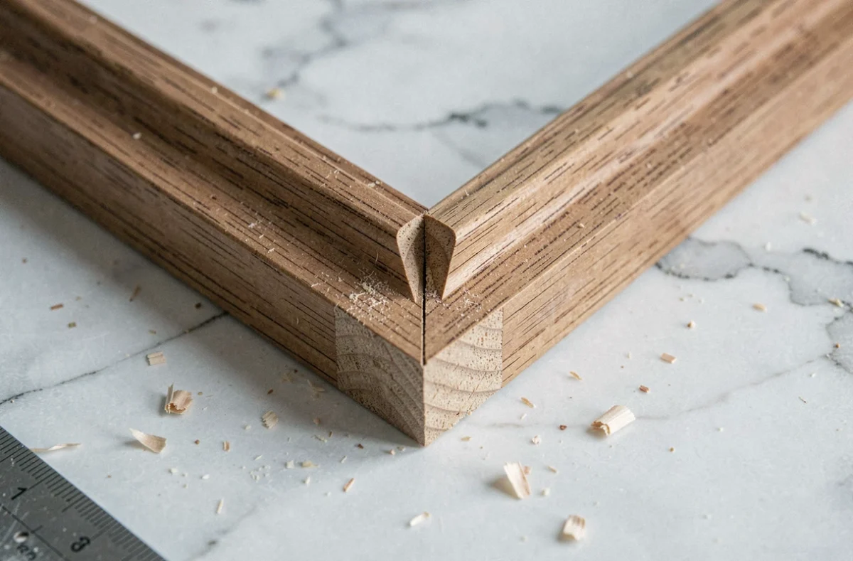 Gros plan d'un assemblage à onglet parfait sur deux baguettes de cadre en bois, révélant la coupe nette à 45 degrés