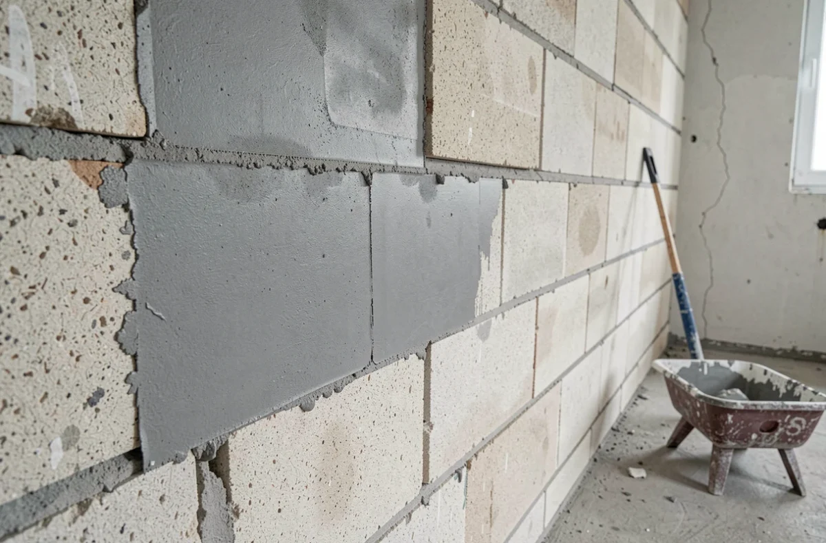 Gros plan sur un mur en parpaings partiellement enduit montrant la transition entre joints bruts et surface lissée