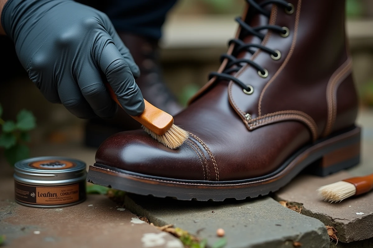 Gros plan d'une main appliquant de la graisse pour cuir sur une botte craquelée avec un pinceau applicateur