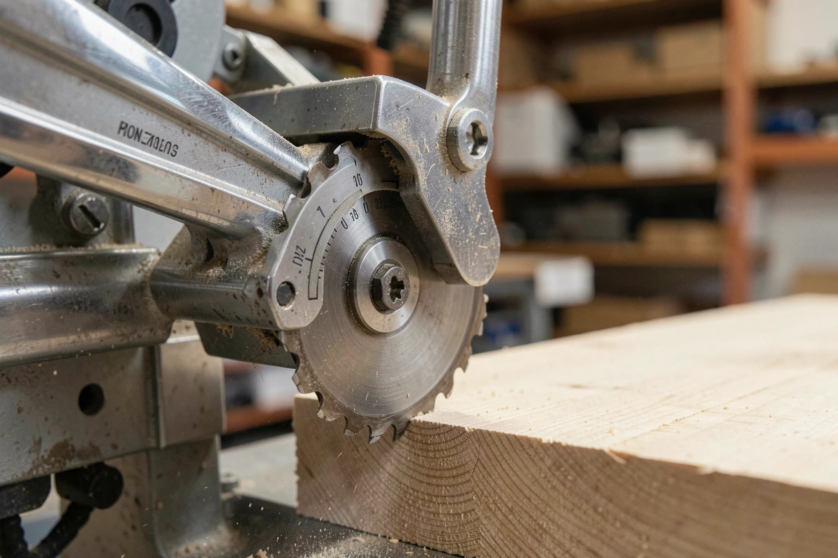 Gros plan sur la lame et le mécanisme d'une scie radiale avec coupe nette sur planche en bois, détails mécaniques de précision visibles