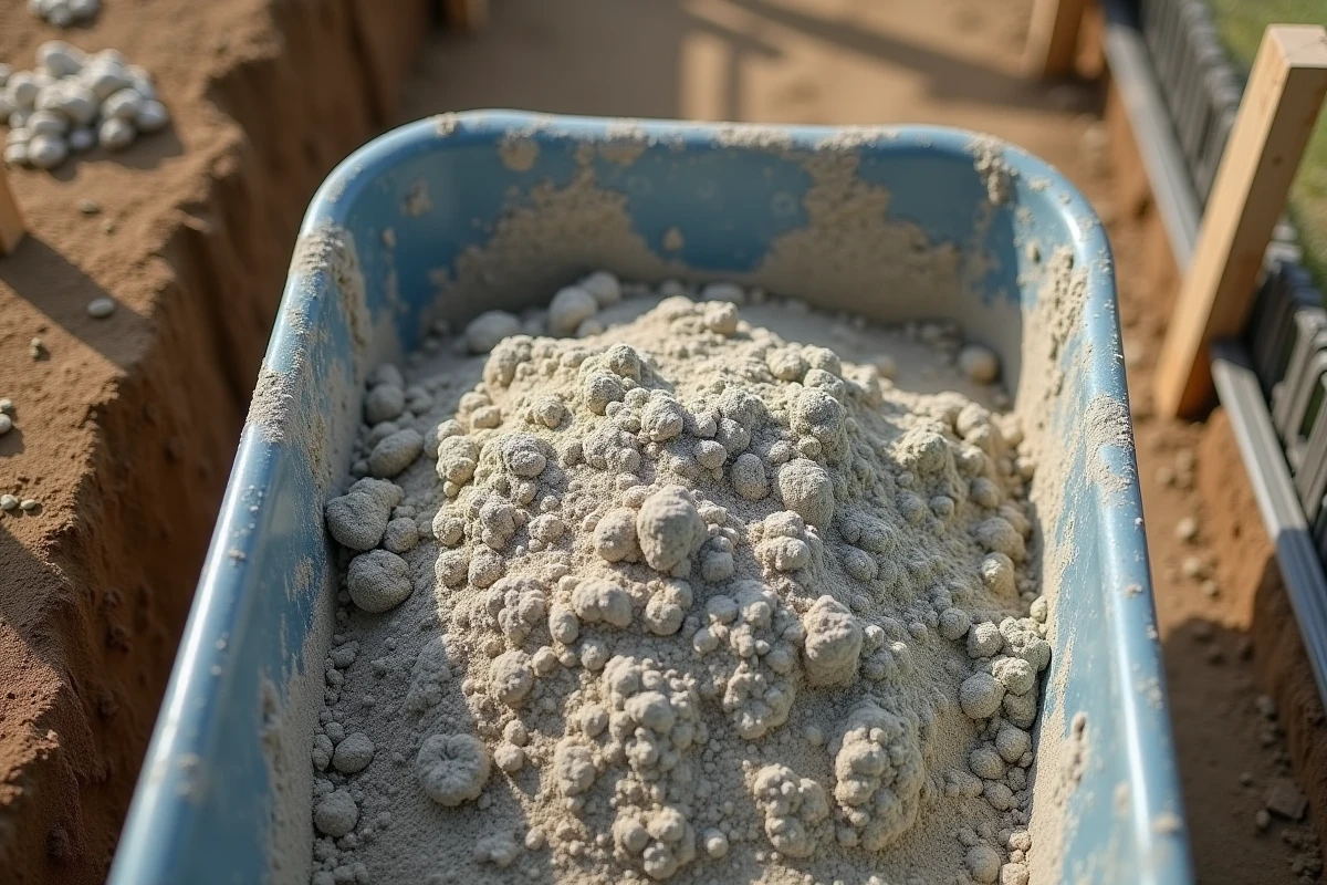 Gros plan sur un mélange de ciment et sable dans une brouette sur un chantier de fondations