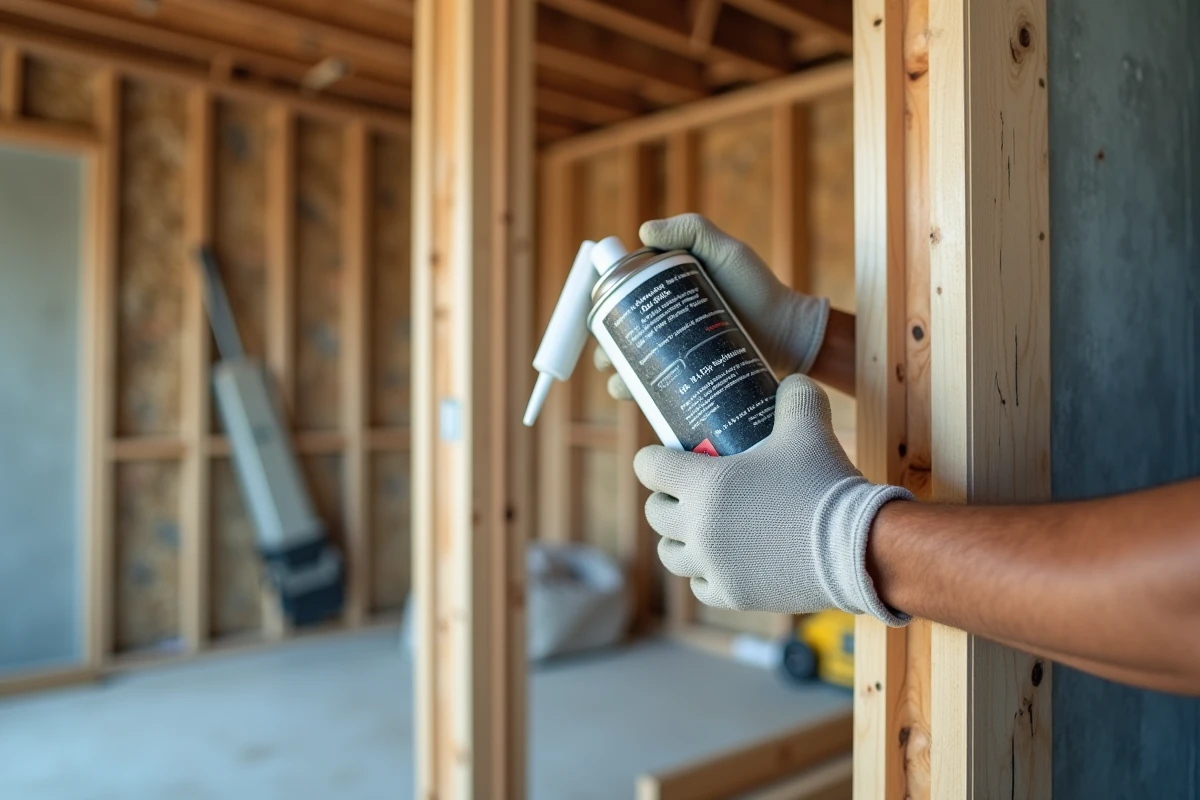 Gros plan sur les mains gantées d'un ouvrier tenant une bombe de mousse polyuréthane expansive sur un chantier de construction