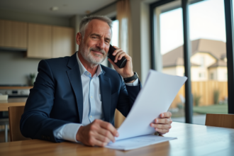 Homme d'affaires en costume parlant au téléphone dans un salon lumineux