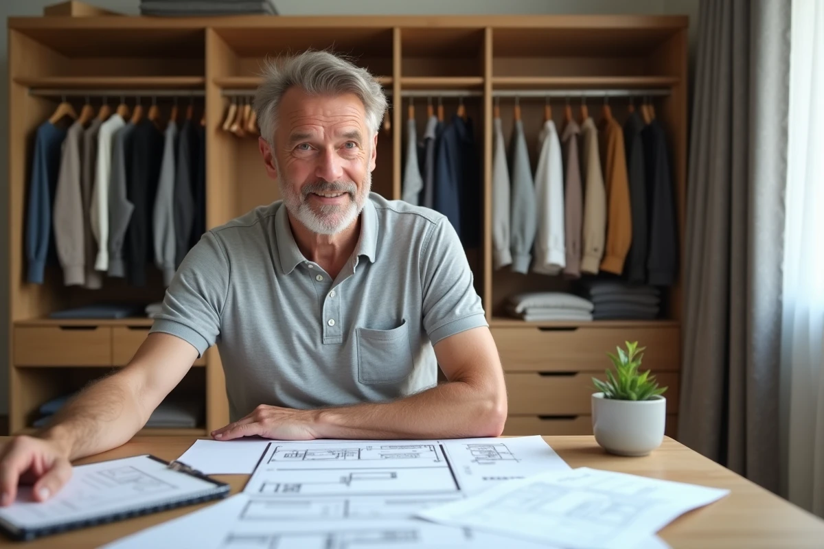 Homme en home office examinant des plans de dressing