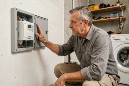 Homme examinant un compteur Linky dans un local technique avant de couper le courant pour changer un appareil électrique