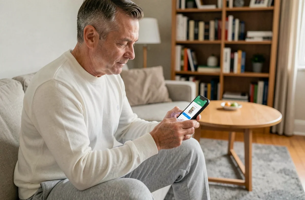 Homme demandant un devis de ménage à domicile sur son smartphone depuis son salon