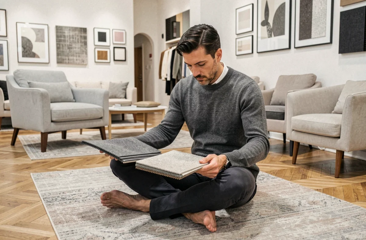 Homme comparant des échantillons de tissus dans un magasin de décoration intérieure à Lyon