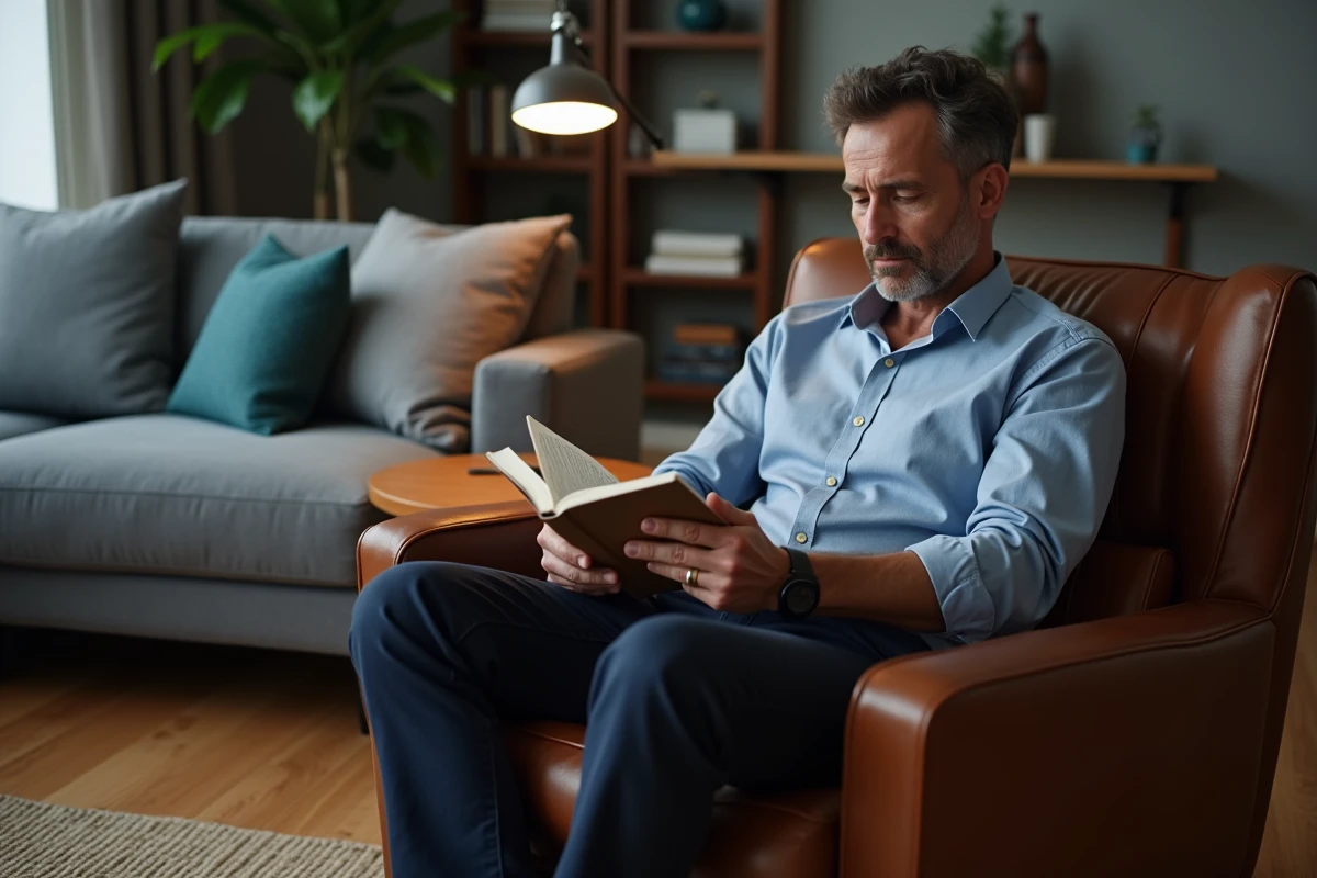 Homme lisant dans un fauteuil avec une lampe de bureau pour la lecture, bureau moderne et élégant avec éclairage adapté au confort visuel