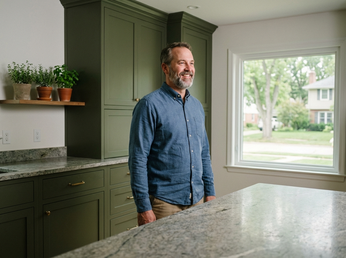 Homme souriant admirant sa cuisine rénovée et colorée
