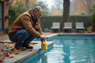 Homme en veste chaude verse un produit dans la piscine en automne