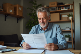 Homme d'âge moyen examinant documents d'impots à son bureau