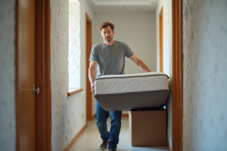Homme en jeans déplaçant un sommier dans un couloir étroit