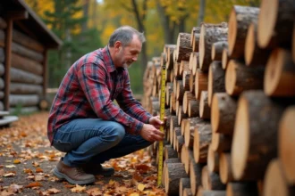 Homme mesurant une pile de bois de chauffage à l'extérieur
