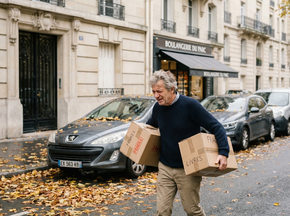 Homme âgé portant des cartons dans une rue calme de Neuilly