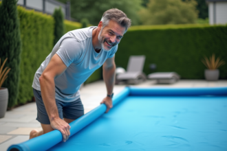 Homme en maillot et t-shirt nettoie la piscine dans jardin