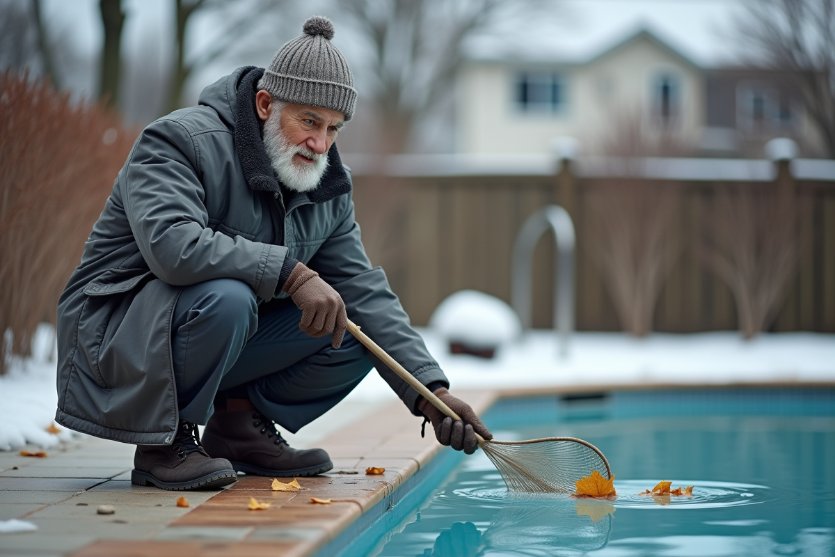 Homme âgé retire des feuilles de la piscine en hiver