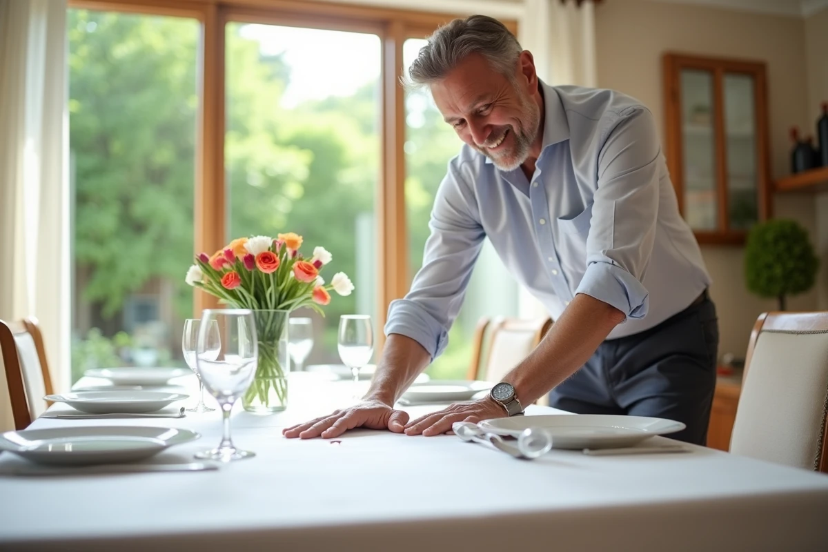Homme nettoyant une nappe résistante dans une salle à manger ensoleillée