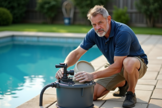 Homme en polo nettoyant un filtre de piscine extérieur