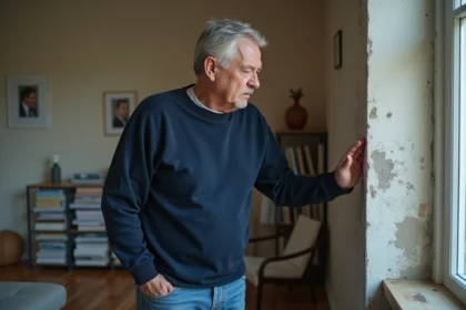 Homme pensif touchant un mur humide intérieur