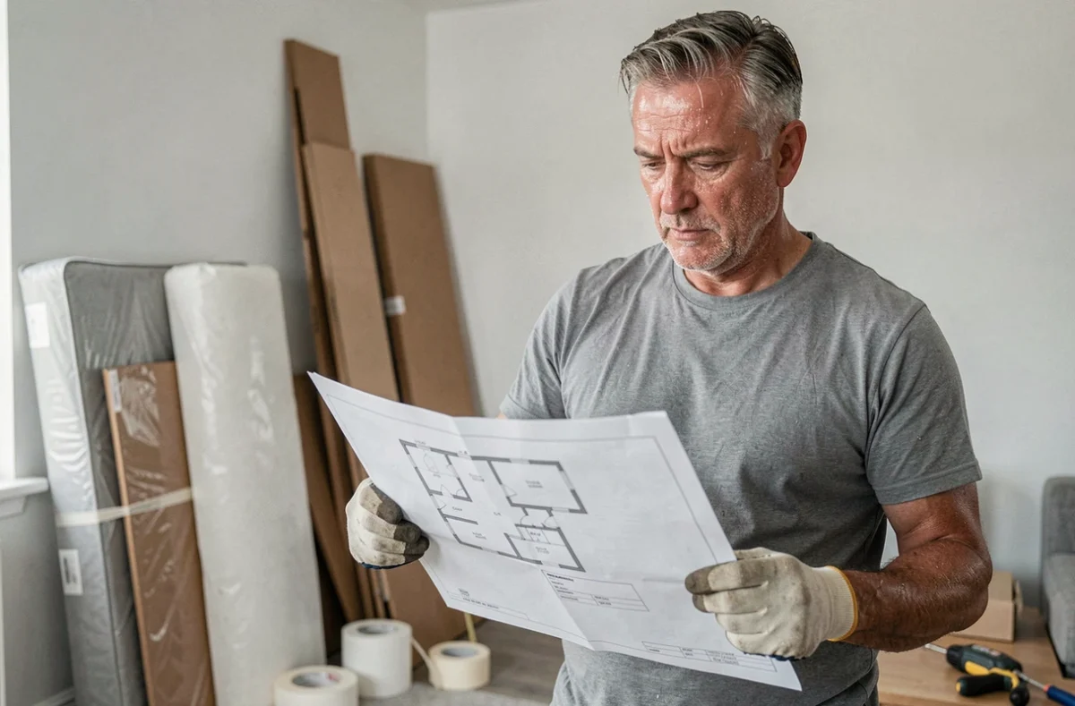 Homme consultant un plan d'aménagement intérieur pendant l'installation dans un nouveau logement