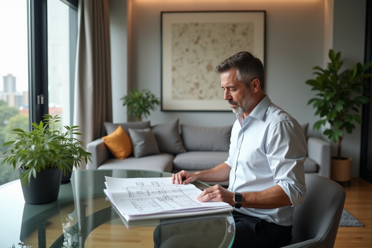 Homme étudiant un plan dans un appartement minimaliste